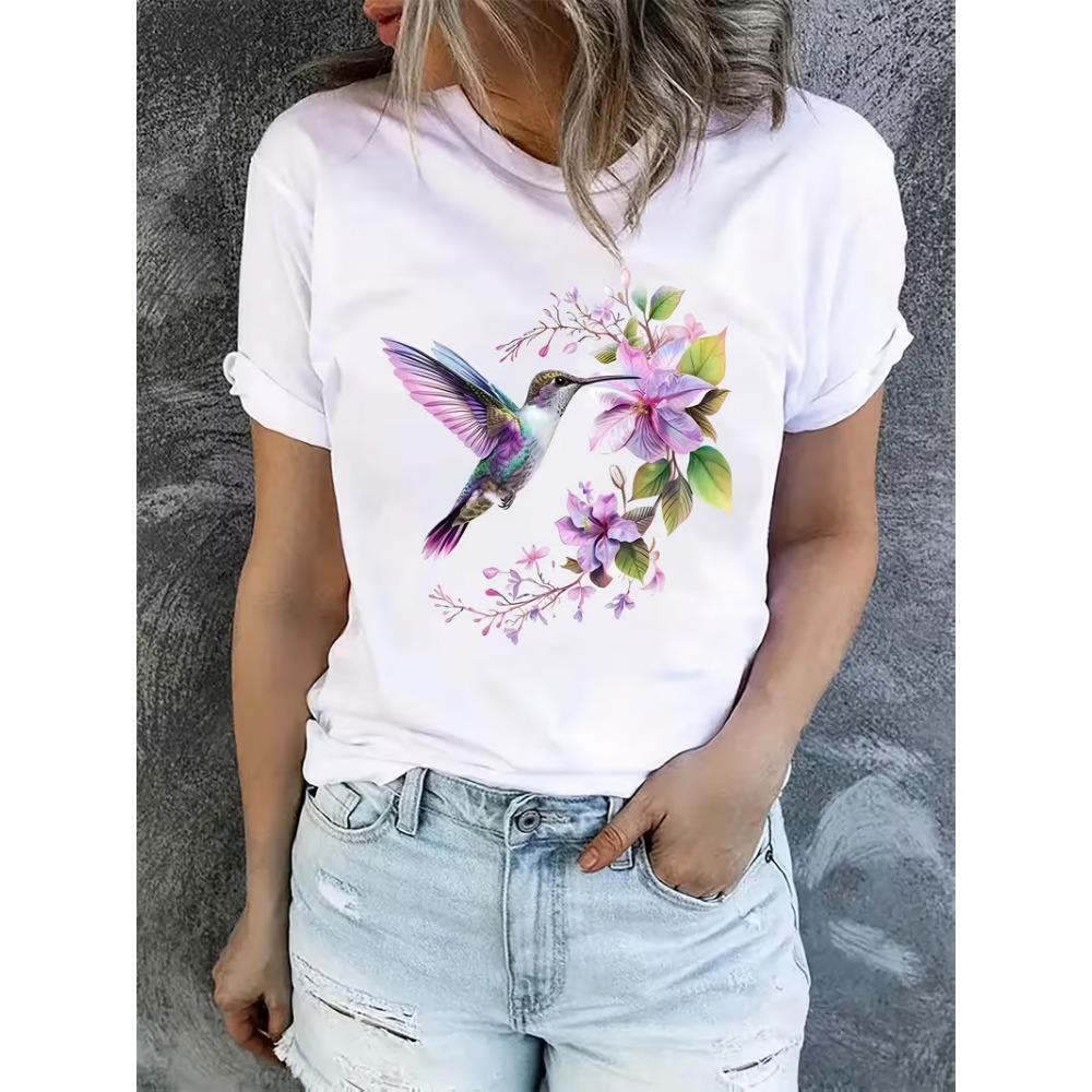 Watercolor Hummingbird Print Round Neck Short-sleeved Unisex Casual Graphic T-shirt with Floral Accent for Bird Lovers M