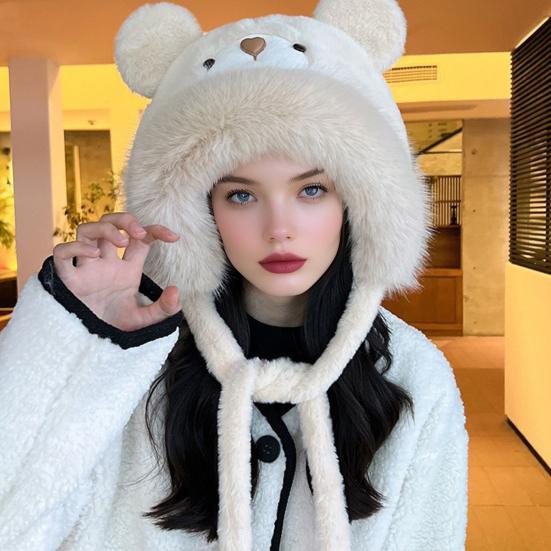 Women Hat Solid Color Thickened Plush Bear Warm Hat with Ear Protection Function Winter Outdoor Daily Cycling Lei Feng Hat