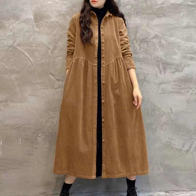 Vestido de Pana Otoño para Mujer Casual Manga Larga Botones Vestido de Sol Liso Holgado Vacaciones Vestido Kaftan Vestido Camisa Vintage
