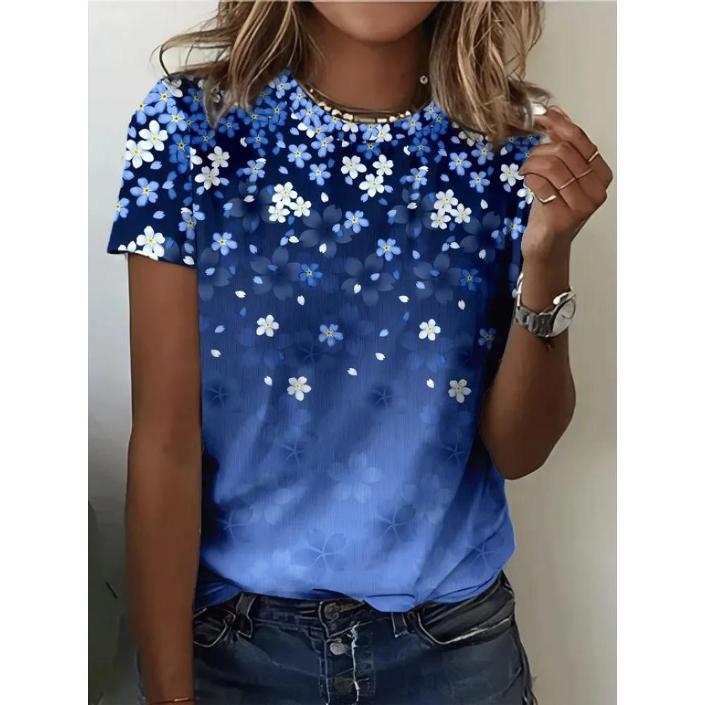 Boho Blue Gradient Floral T-shirt | Summer Short Sleeve Tee