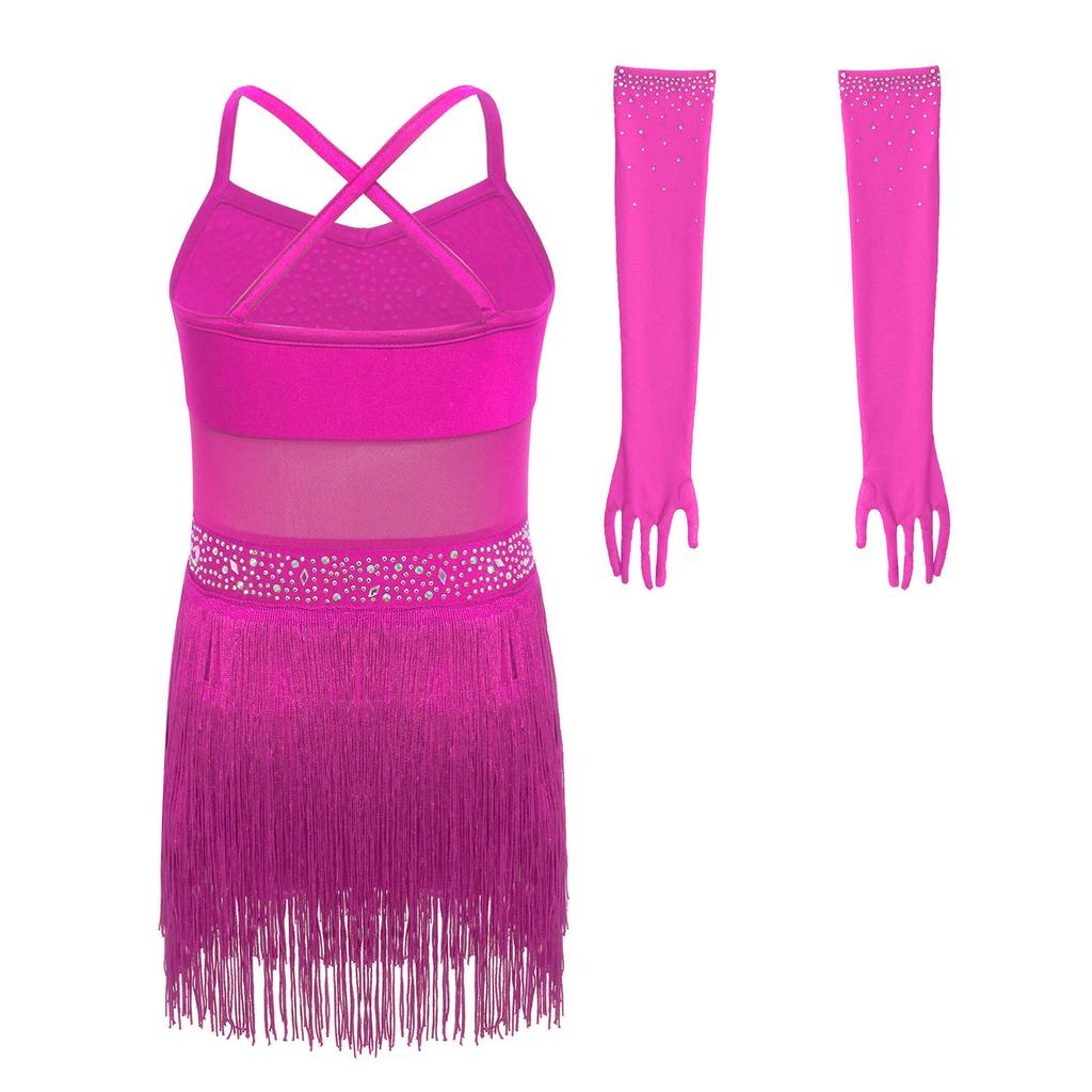 Mädchen Cross-Back-Trikot Netz-Patchwork Stufen-Quasten Ärmellos Latein-Outfit Netz-Handschuhe