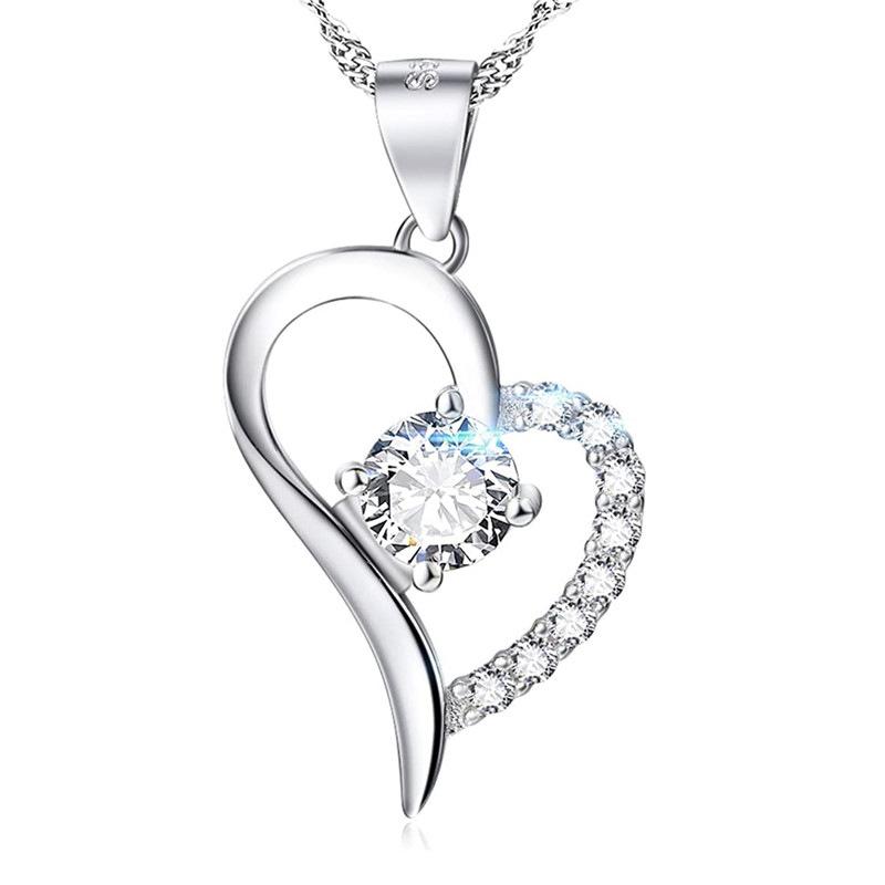 Silver Plated Asymmetrical Heart CZ Pendant Necklace, Elegant Open Heart Cable Chain Necklace for Women