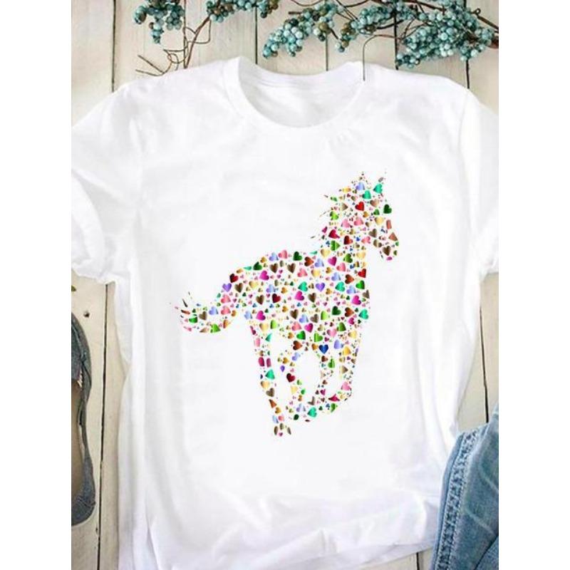 Horse Pattern Printed Women's Pure Cotton Short Sleeved Round Neck White T-Shirts Women’s