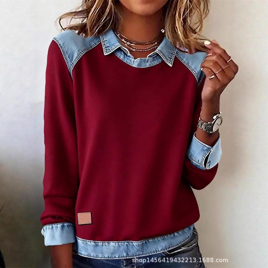 Abbigliamento donna europeo e americano ins colletto in denim maniche lunghe, maglione top a pullover con splicing in maglia