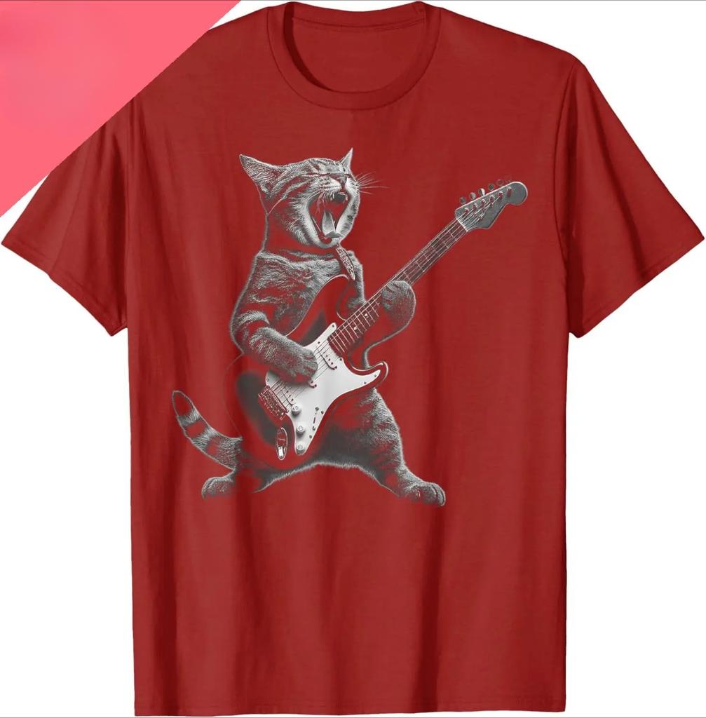 Cat Playing Guitar Rock Star Printed Tshirt Design Gift Tshirt Women Clothing Fashion Summer Streetwear Graphic T Shirts Y2K
