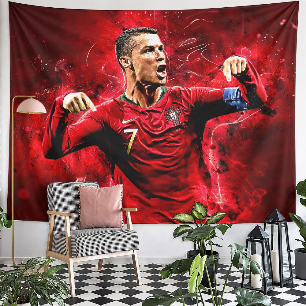 Dynamic Red-themed Design with Abstract Swirls and a Football Figure Pose. Patterned Tapestry for Bedroom and Living Room Home Decor