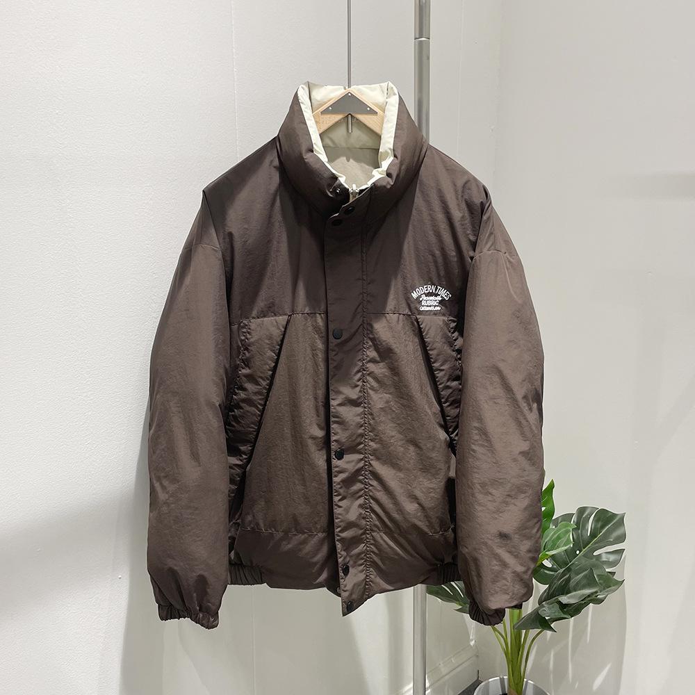 

2025 Men s Fashion Reversible Plaid Down Jacket with Stand Collar and Embroidery Extra Large