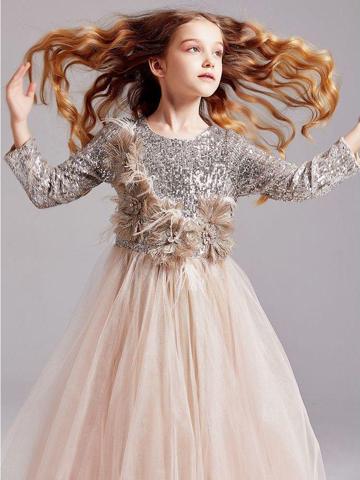 Rochie Tutu de Prințesă cu Paiete pentru Fete, Ținută de Spectacol și Bal cu Mânecă Lungă