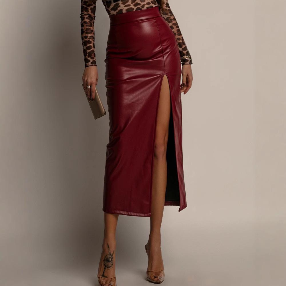 

High Waist Bodycon Leather Midi Skirt - European & American Women s Fashion, Solid Color, Sleek & Slimming Design XL вино красного