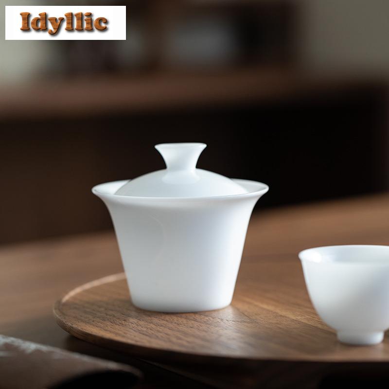 125ml Mutton Fat Jade Ice Seed Horseshoe Gaiwan Ancient Tea Tureen Tea Bowl With Lid Kit Tea Maker Cover Bowl Tea Items Gift