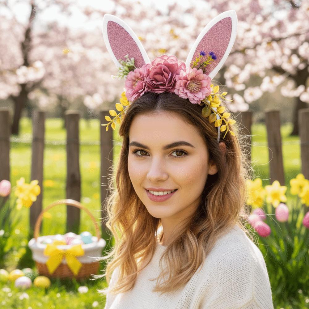 Floral Rabbit Ears Headbands Colorful Cosplay Headbands Funny Happy Easter Headdress Children