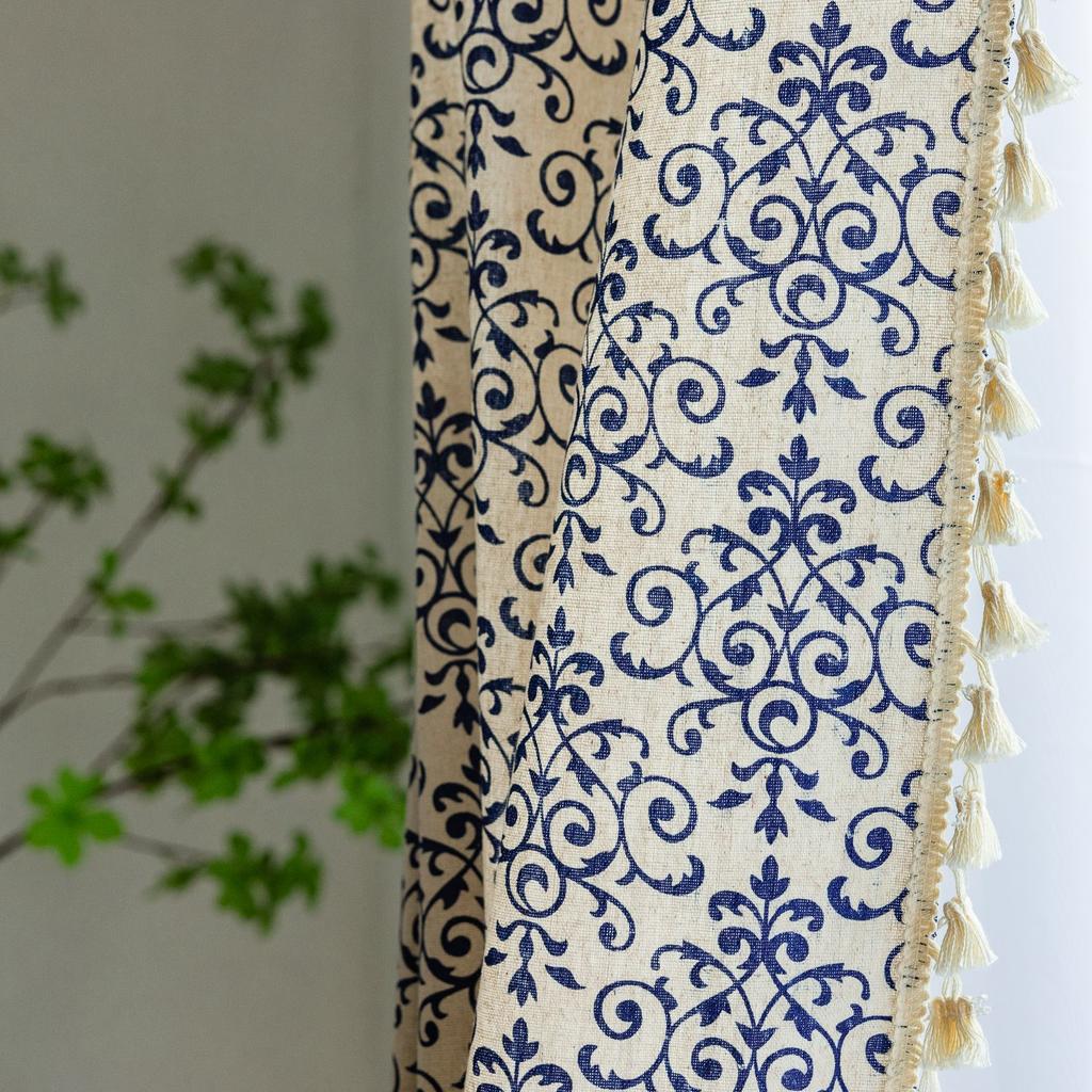 Curtain Finished Coffee Short Curtain Small Window Shame Half Curtain Blue Printed Curtain