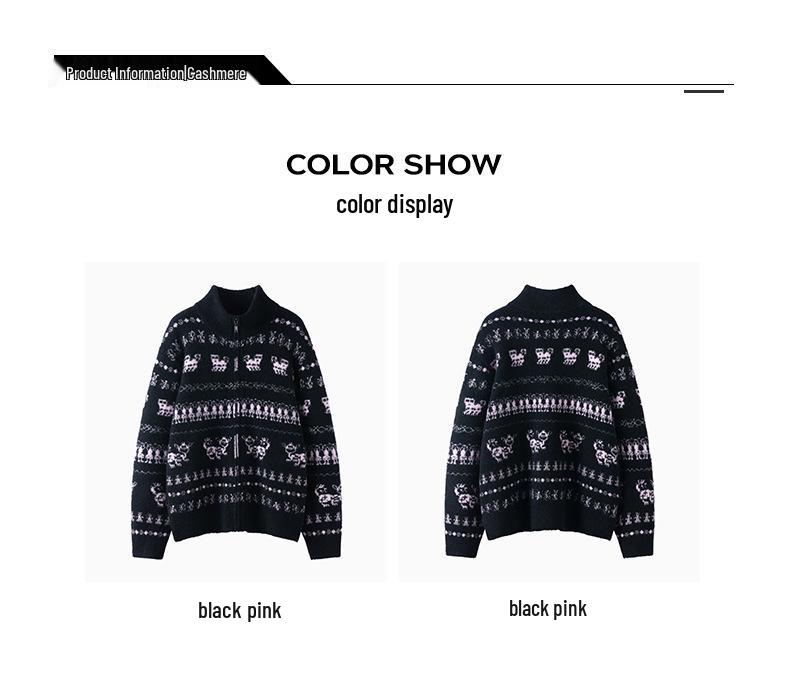 Women's Color Block Cashmere Sweater: Autumn/Winter Jacquard Loop Yarn Half-High Collar Zipper Cardigan