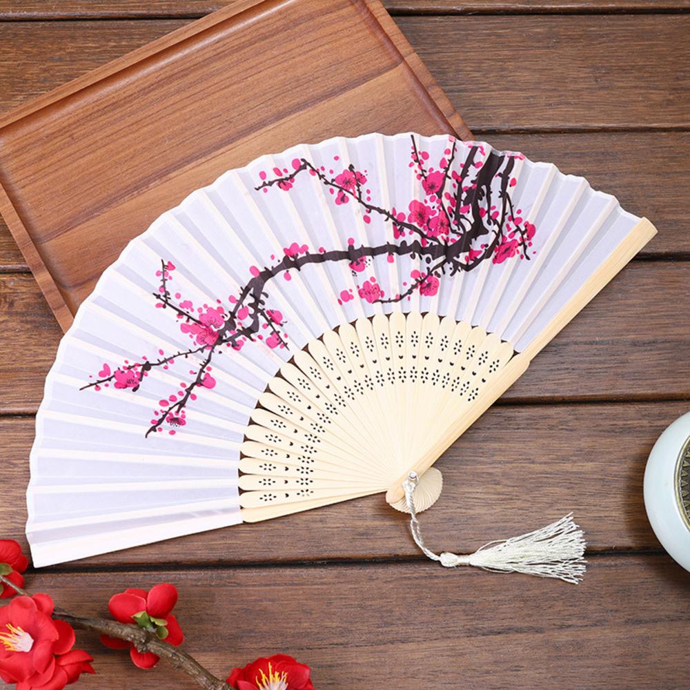 Chinese Japanese Folding Fan Wooden Shank Classical Dance Fan Tassel Elegent Female Fan Party Art Craft Gift Home Decoration