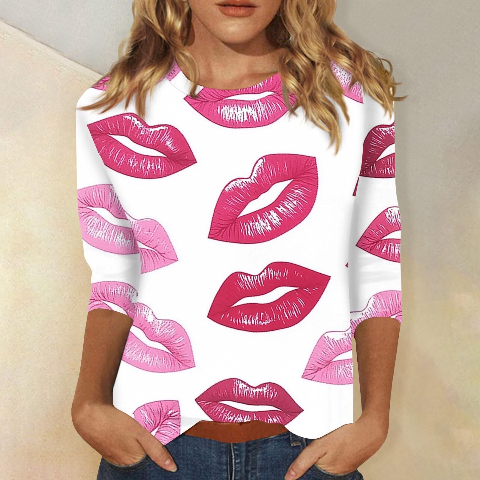 

Женская модная повседневная футболка с круглым вырезом и принтом в виде сердца ко Дню святого Валентина, рукав три четверти S розовый