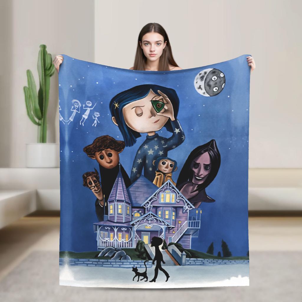 Coralines Animated Movie Blanket  Travel Flannel Throw Blanket For Living Room Warm Soft Custom DIY Quality Bedspread Gift Idea