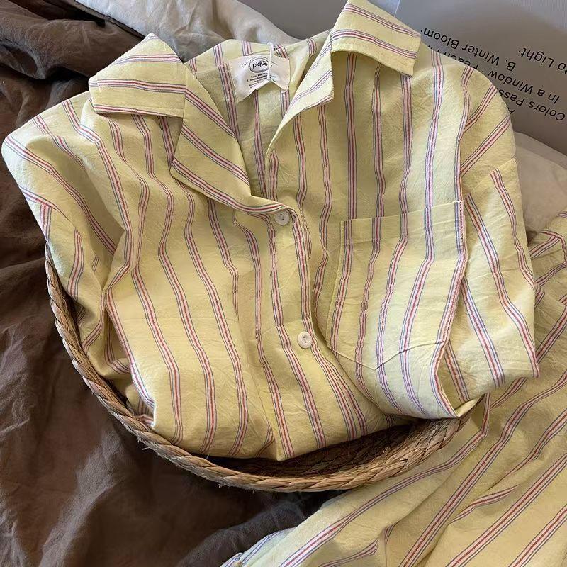 Summer can wear simple wind striped pajamas women s summer new short-sleeved shorts casual loungewear two-piece set S