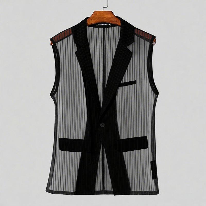 INCERUN Men Lapel Sleeveless Stitching One Button Striped See Through Waistcoats