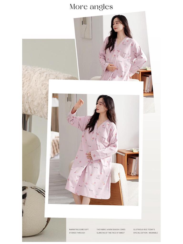 Bavlnová těhotenská noční košile s prsními vložkami pro předporodní a poporodní kojení, jarní/podzimní nošení