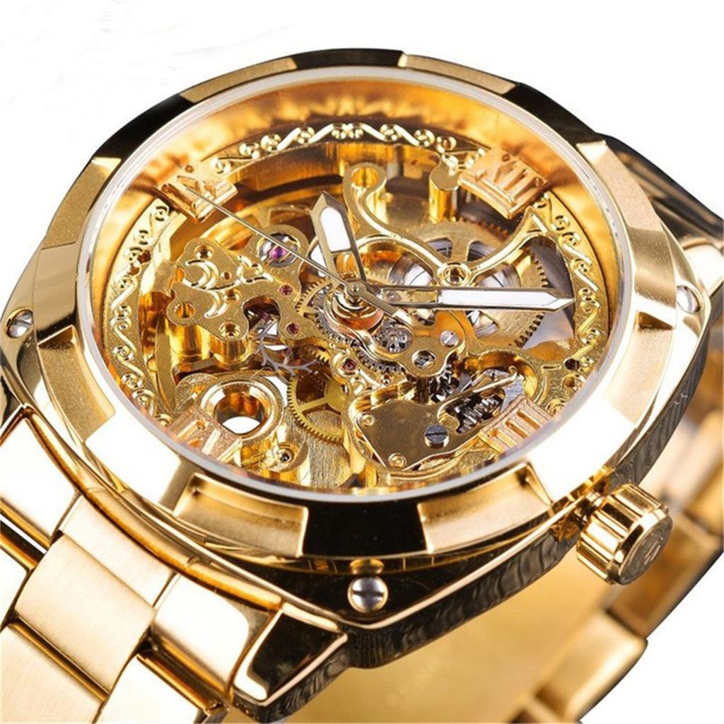 Ceas de mână mecanic pentru bărbați cu cadran schelet și indicatoare luminoase Brățară din oțel inoxidabil Mișcare automată Design elegant
