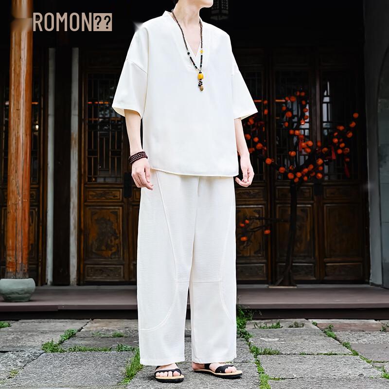 

ROMON Men s New Chinese Style Ice Silk Two-Piece Set XL
