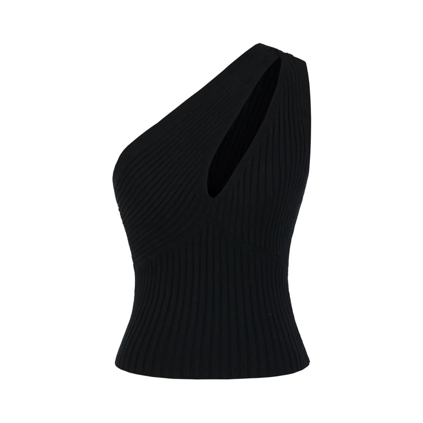 American Spicy Girl One-Shoulder Knit Camisole: Sexy Hollowed-Out, Slim-Fit, Sleeveless Summer Top Medium