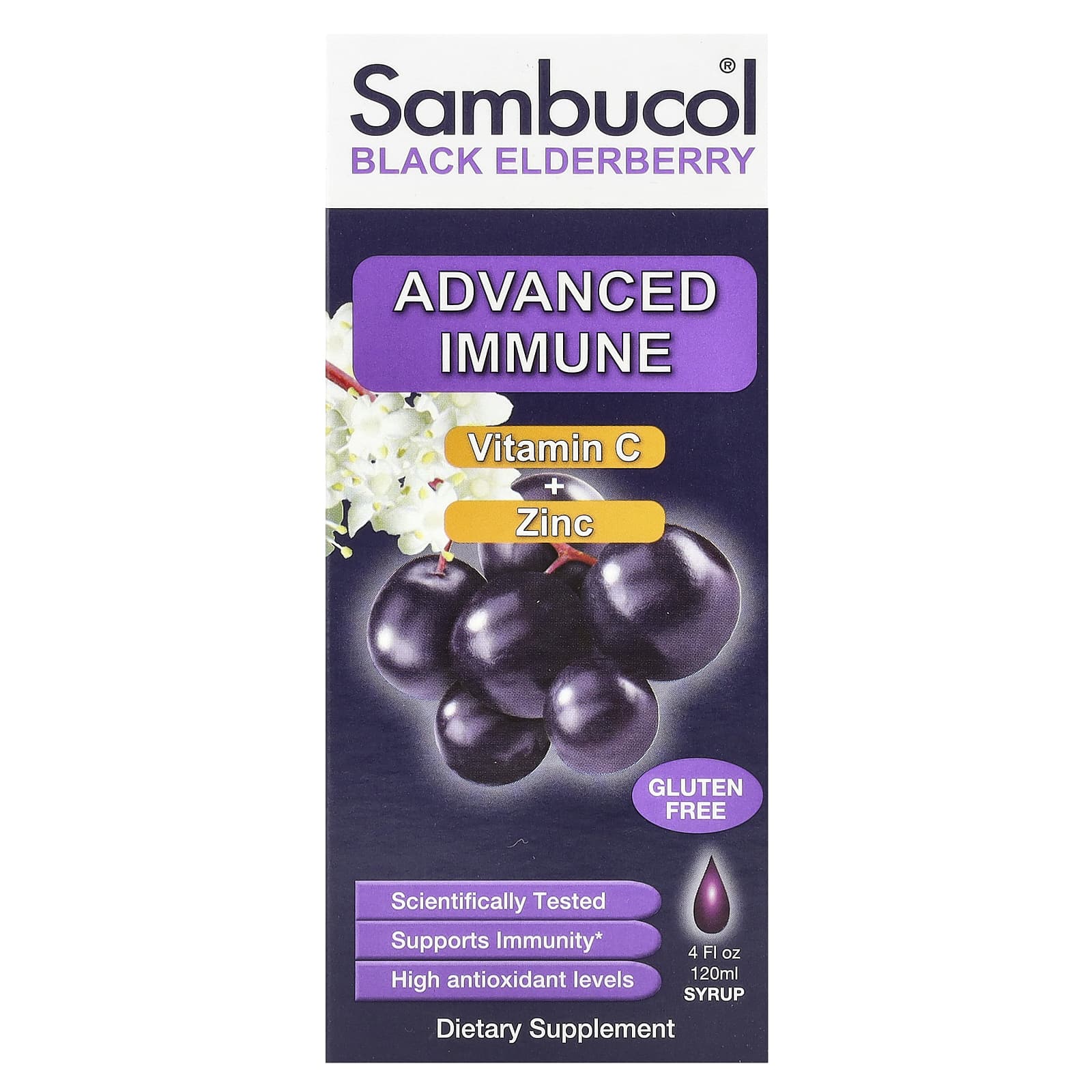

Sambucol, Black Elderberry Syrup, Improved Immunity, Vitamin C + Zinc, Natural Berry, 4 fl oz (120 ml)