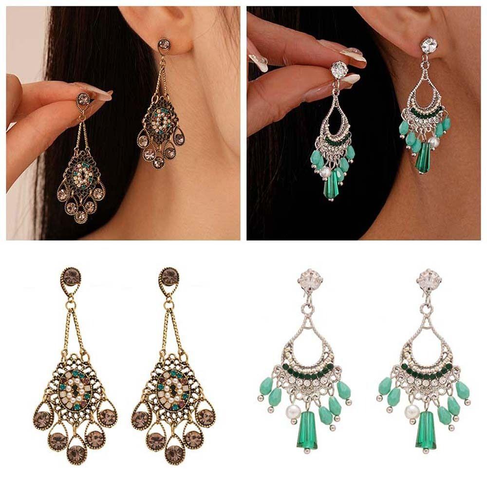 

Hollow Water Drop Ethnic Style Tassel Earrings Zinc Zinc Alloy Crystal Earrings Pendant Women StyleB-Green Silver