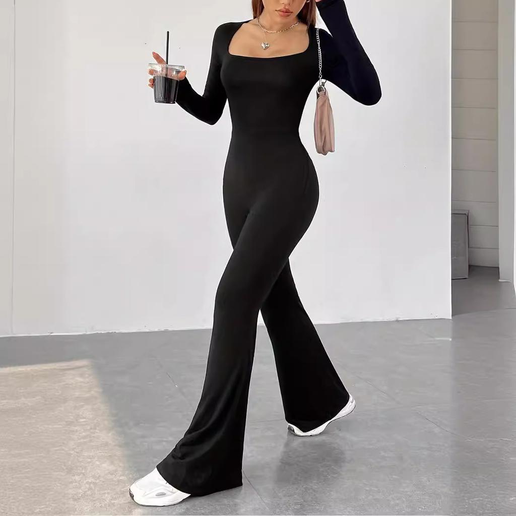 YYFS Women's Fashion Casual Spring Fall Solid Color Print Long Sleeve Square Collar High Waist Trousers Jumpsuits & Rompers