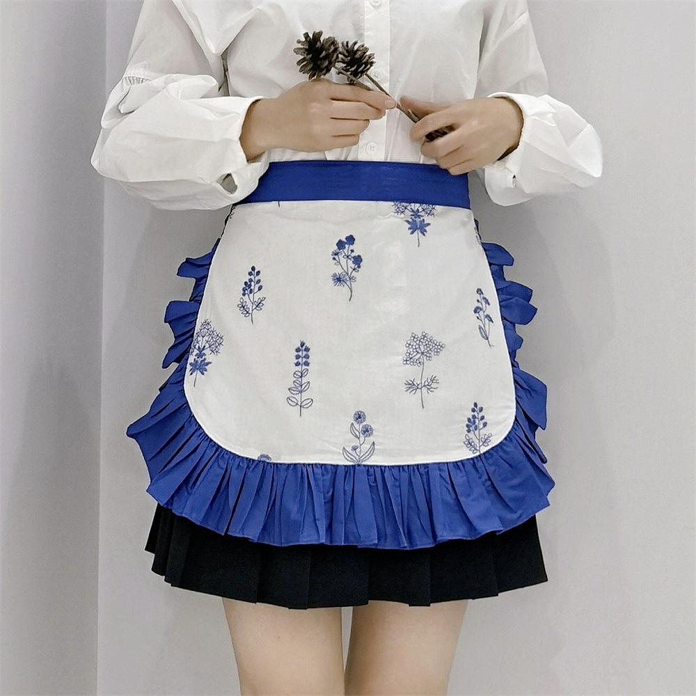 

Half-waist female pure cotton small daisy embroidered one-piece half-body apron short kitchen home new