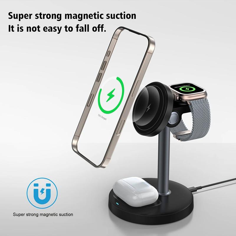 3 In 1 Magnetic Wireless Charger Adjustable Stand For iPhone 16 15 14 13 Pro Max iWatch 10 9 8 AirPods Pro Fast Charging Station