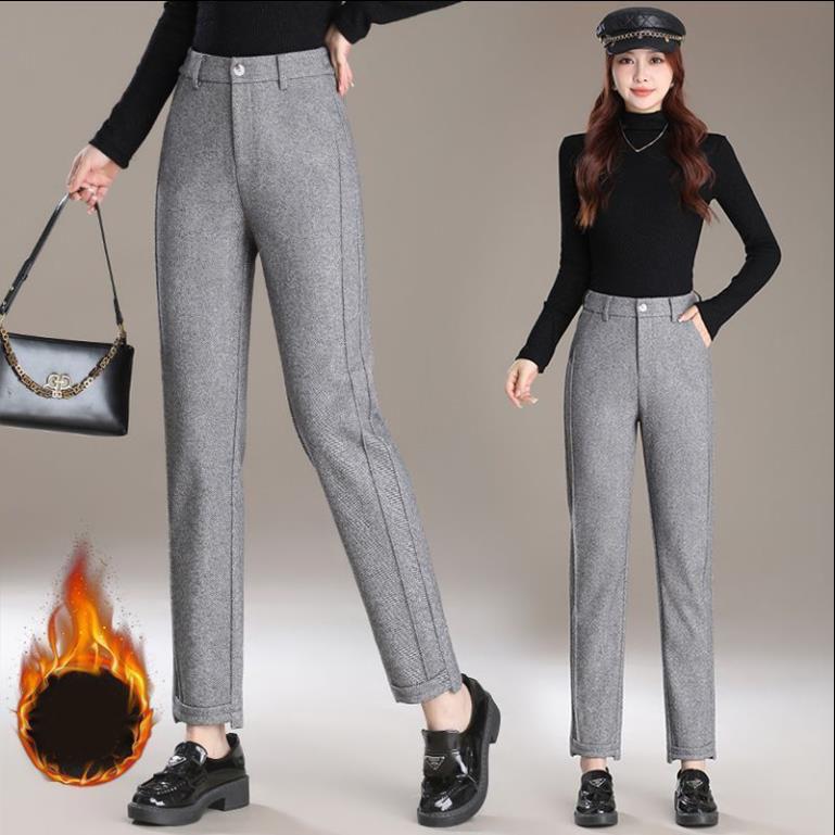 

Осенне-зимние женские теплые прямые брюки из твида с высокой талией, утолщающие брюки со вставками, свободные повседневные теплые брюки с узором «елочка» XS серый