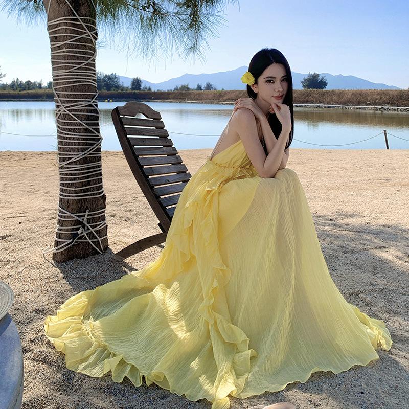 Seaside Vacation Dress Women's Summer New Celebrity Temperament Neck Halter Yellow Long Skirt