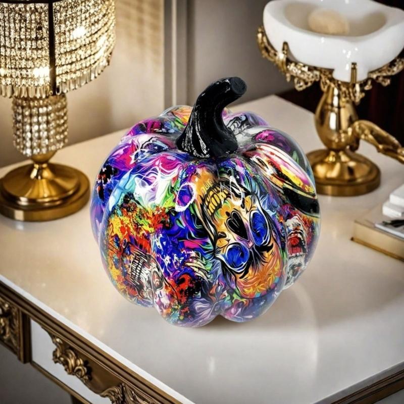 Hall Cabinet Skull Pumpkin Figure with Paint Pattern for Holiday Indoor Shelf Table Room for Mantels Entryway and Home