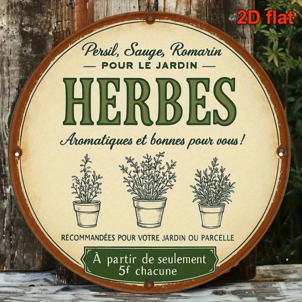 Vintage French Country Herb Tin Sign Round Tarragon Chamomile Marjoram Rustic Kitchen Farmhouse Wall Decor