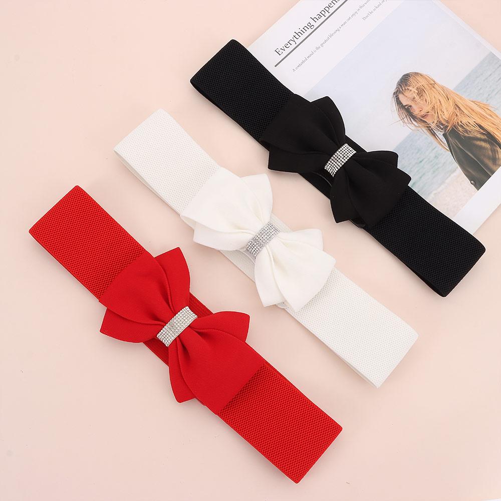 Adjustable Buckle Women's Elastic Wide Belt Solid Color Bowknot Waistband  Dress Coat Accessories