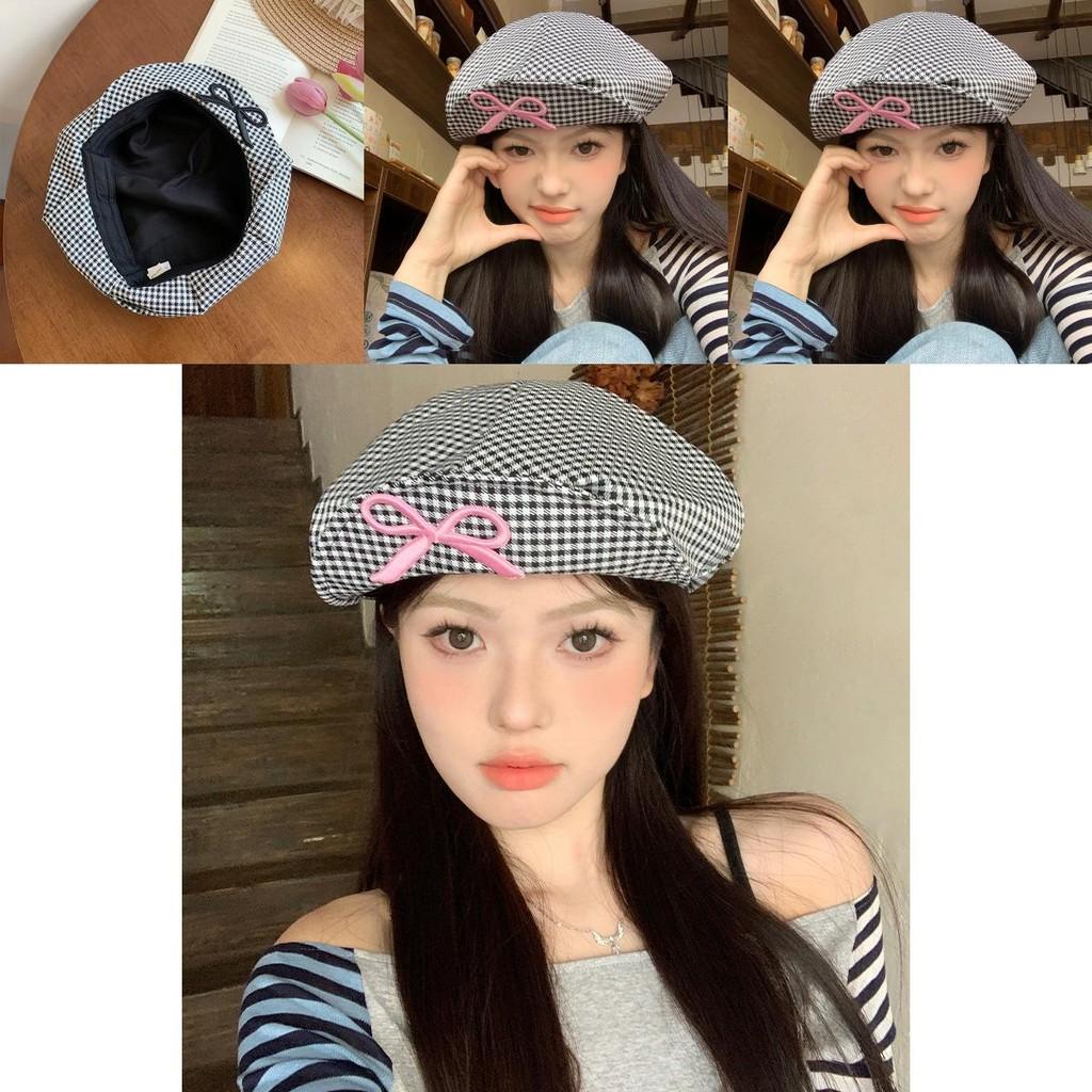 Elegant Korean Style Plaid Bowknot Cloud Beret Hat For Women And Men Spring Fashion