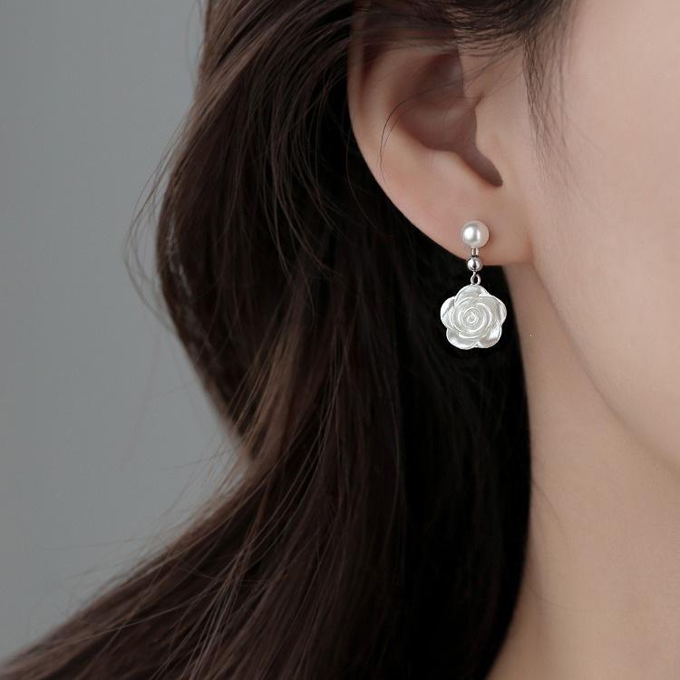 Camellia Stud Earrings: 925 Sterling Silver, Light Luxury Design for Women, 2022 Summer Style