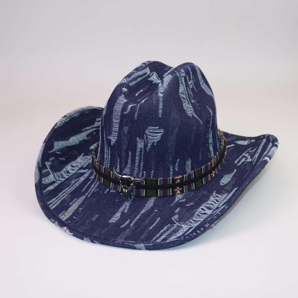Classic Bull Head Webbing Western Denim Hat European and American Style Personality Versatile Big Eaves Curved Eaves One-word Gentleman's Top Hat