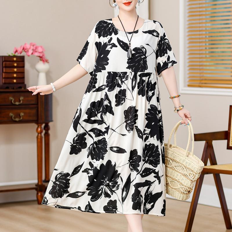 Plus Size Vintage Print Long Dress for Women Oversize Short Sleeve Elegant Loose Dresses Summer Casual Middle-aged Women's Clothing