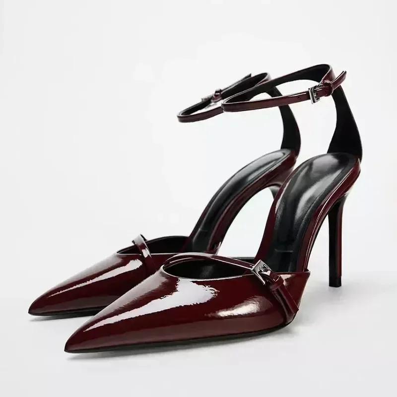 Fashion Elegant Ankle Strap Patent Leather Thin High Heels Women Summer Sexy Pointed Toe High Heeled Sandals Luxury Banquet Wedding Shoe