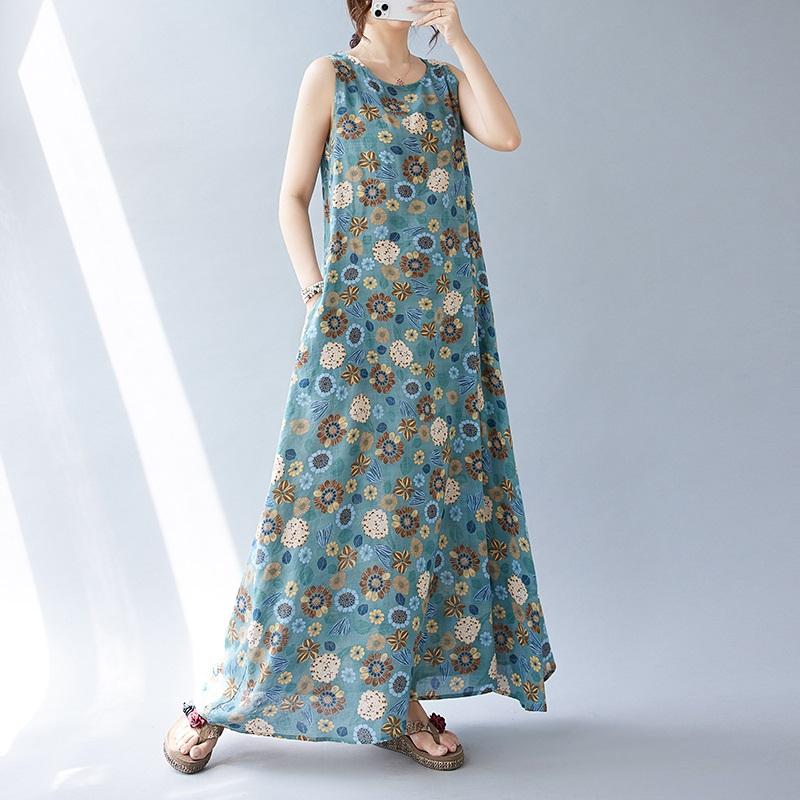 Sleeveless Plus Size Cotton Vintage Floral New In Dresses for Women Casual Loose Long Summer Dress