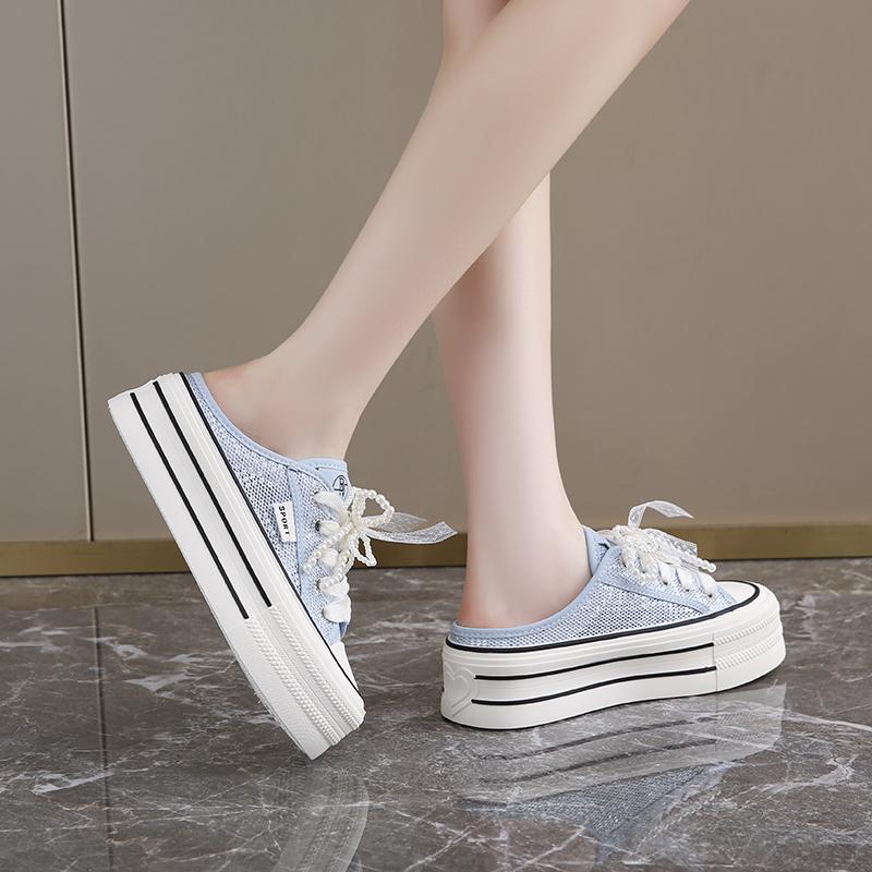 CRLAYDK Mesh Skate Shoes for Women Slip On Platform Casual Outdoor Slides Backless Walking Ladies Height Increase Tennis