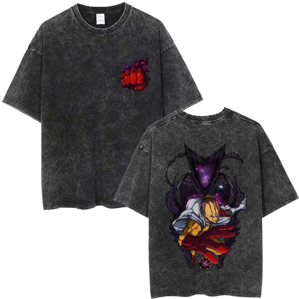 Gewaschenes Vintage Anime One Punch Man Saitama Saitamas Fitnessstudio Lustiges Meme Grafik T-Shirt Herren Damen Fitness Freizeit Übergroße T-Shirts