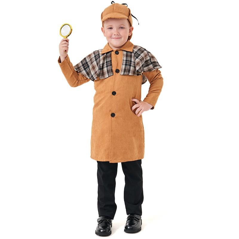 Kids Detective Costume Set Halloween Party Cosplay Outfit Long Sleeve Plaid Suit With Hat Glasses