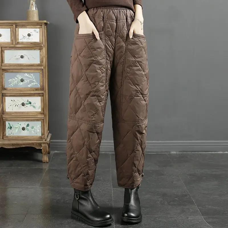 Vintage Pants Women Winter Warm Trouser Cotton-padded Pants Casual Design Pockets Elastic Waist Korean Chic Black Pants