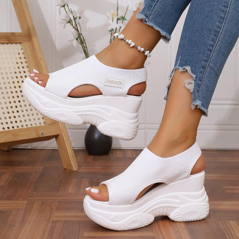Summer New Knitted Shoes Fairy Fish-mouth Wind Cake Sole High Heels Flying Weave Slope Heel Thick Sole Sports Women's Sandals