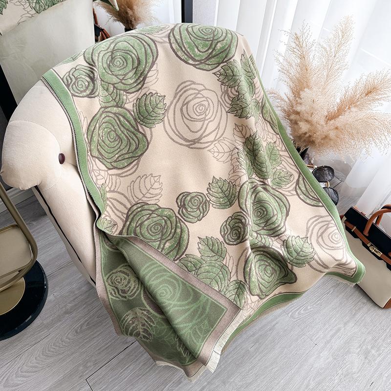 Rose Thickened Imitation Cashmere Scarf Women'S Warm Air Conditioner Shawl Outer Scarf Dual-Purpose