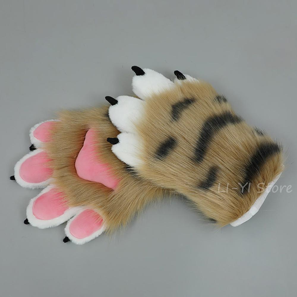 Furry Tiger Paw Gloves Tiger Halloween Costume Accessories Cosplay Props Plush Anime Beast Animal Paw Gloves Fluffy Mitten