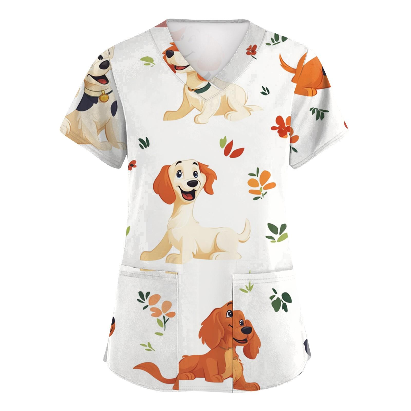 

Women s Fashion Short Sleeve Cute Animal Printed V-Neck Pocket Workwear Tops XL білий